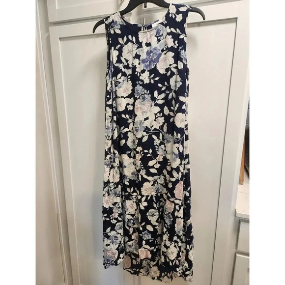 NWT J. Jill Size SP Navy Blue Floral Sleeveless Hi-Low Ruffle Hem Maxi Dress - Picture 2 of 10